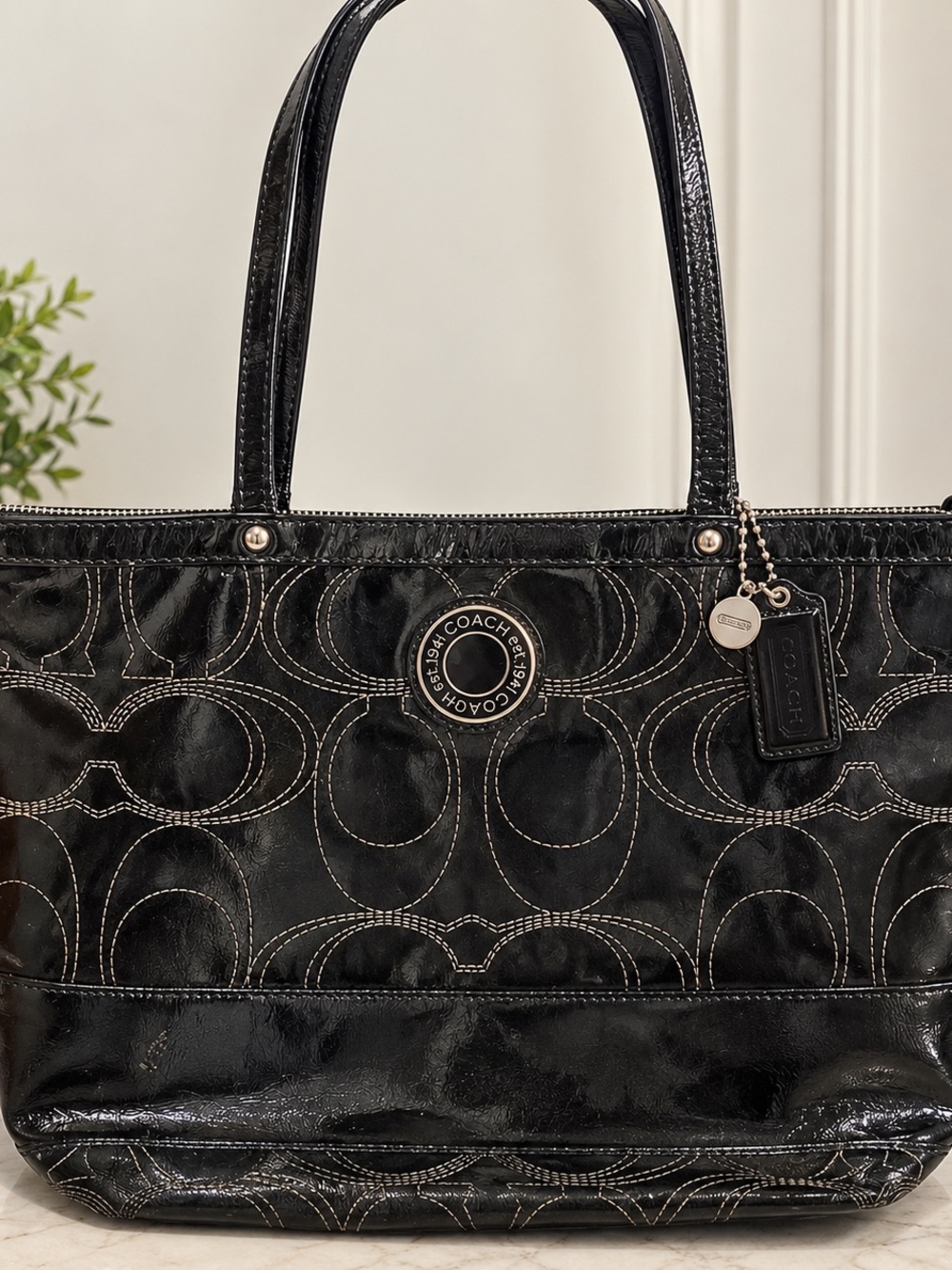 Coach Black Patent Leather Signature C Stitched Tote Bag